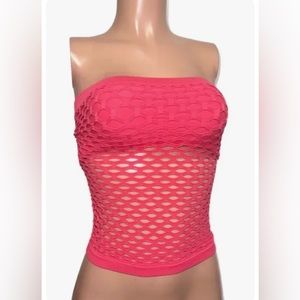 Y2K Pink Seamless Net Stretchy Bra Tube Top O/S New Barbiecore rave beach vacay